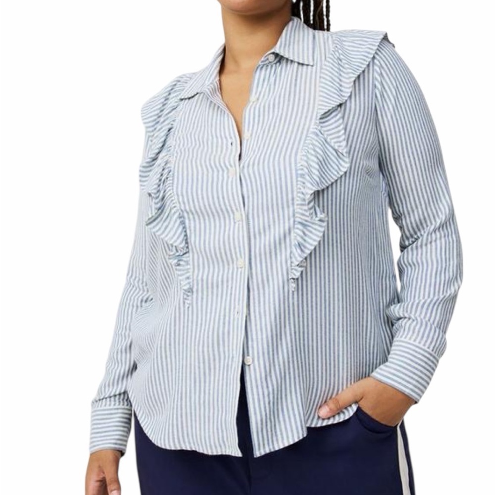 Torrid Blue White Striped Ruffle Blouse Button Front Long Sleeve Size 1X